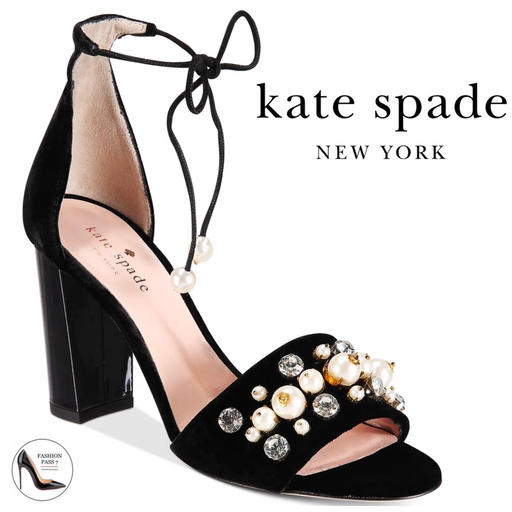 Kate Spade Iverna Pearl Studded Open Toe Pumps Balck Evening Sandals Dress Shoes